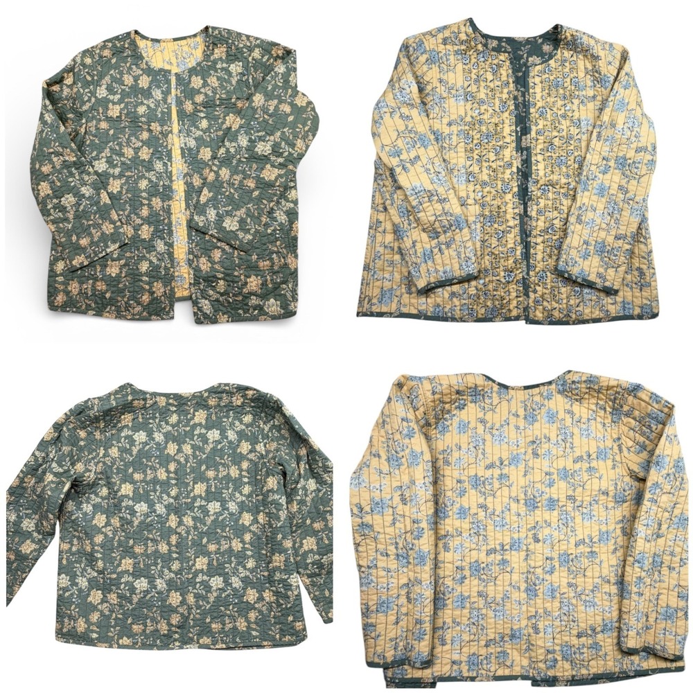 Pure Jill Reversible Quilted Floral Jacket Green Yellow 100% Cotton XL WJT255231